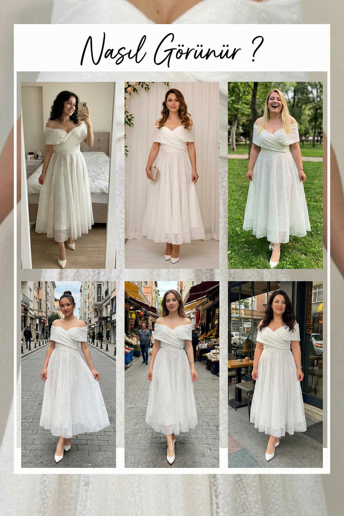 Beyaz Düşük Omuz Pullu Midi Boy Nikah Abiye Elbise