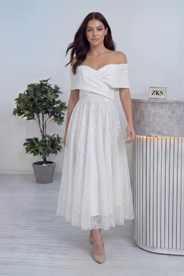 Beyaz Düşük Omuz Pullu Midi Boy Nikah Abiye Elbise