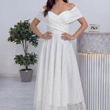 Beyaz Düşük Omuz Pullu Midi Boy Nikah Abiye Elbise