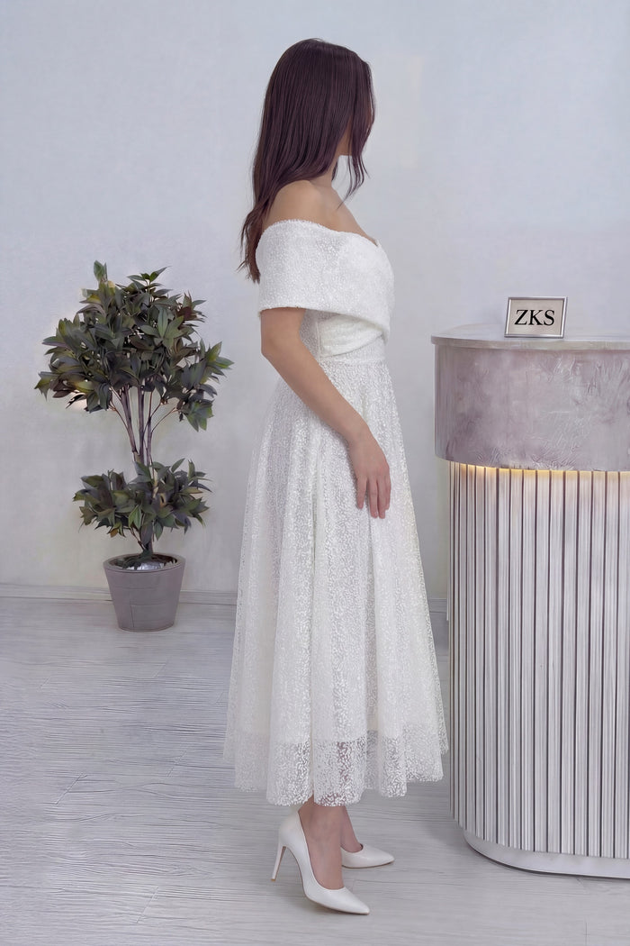 Beyaz Düşük Omuz Pullu Midi Boy Nikah Abiye Elbise