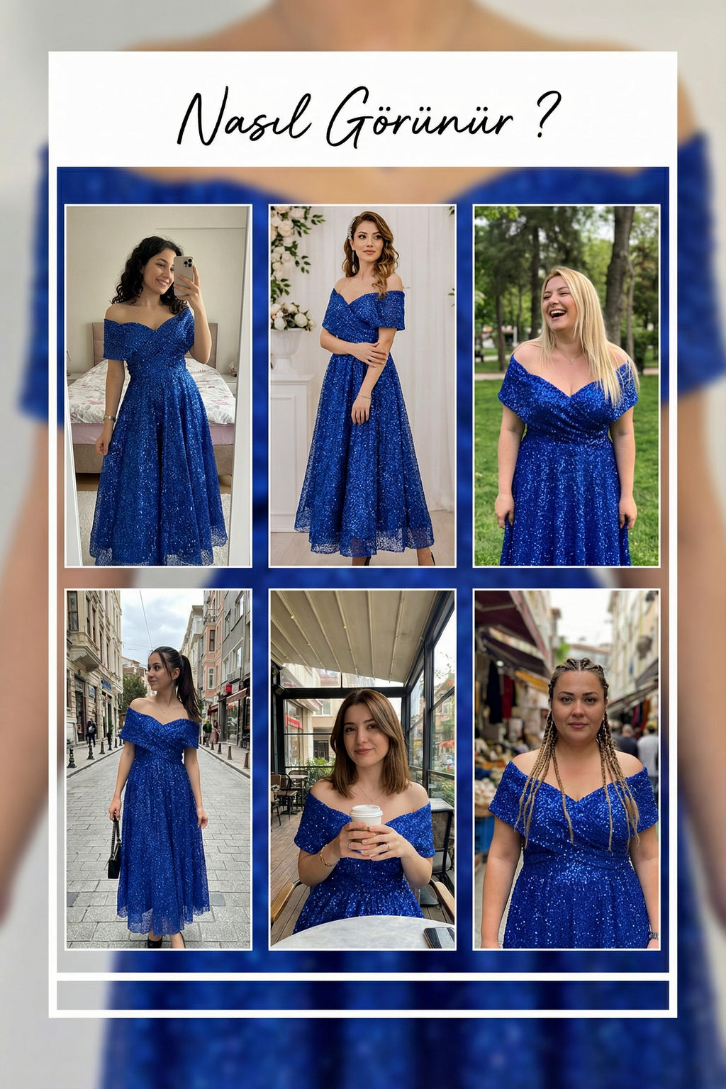 Saks Mavisi Düşük Omuz Pul İşlemeli Midi Kloş Abiye 