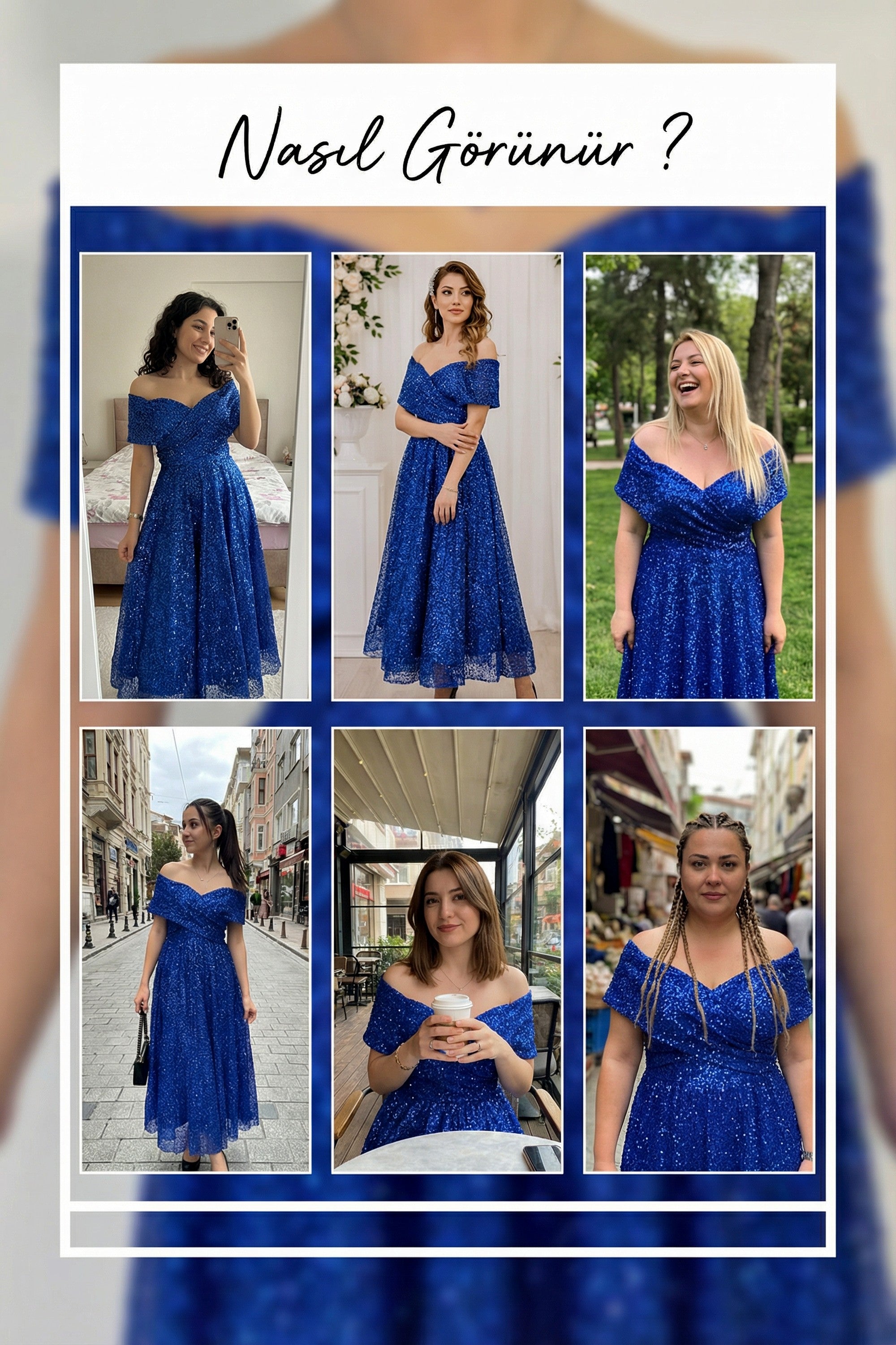 Saks Mavisi Düşük Omuz Pul İşlemeli Midi Kloş Abiye 