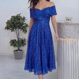 Saks Düşük Omuz Pullu Midi Boy Abiye Elbise