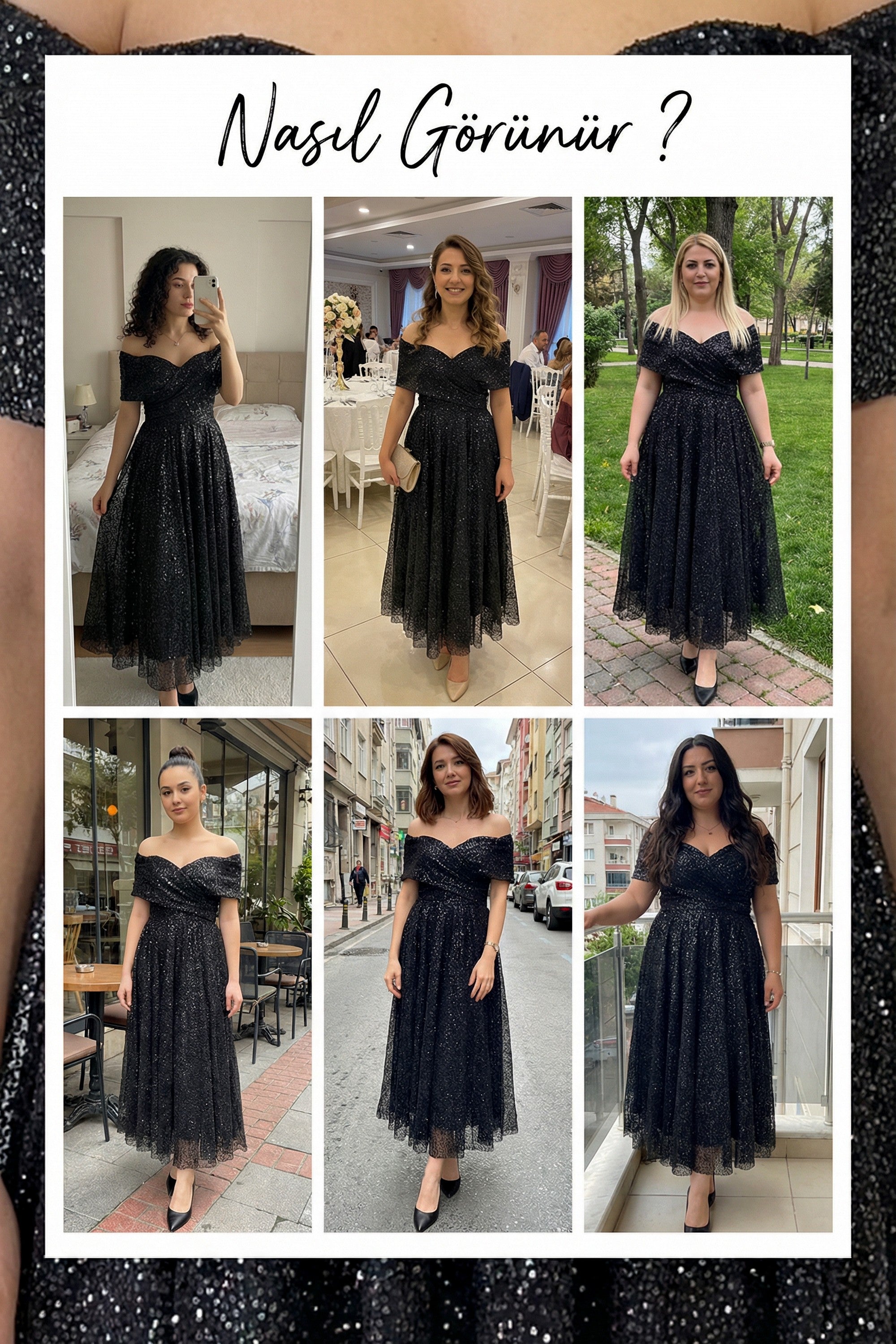 Düşük Omuz Pullu Midi Boy Siyah Abiye denemeleri 