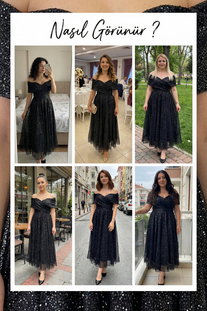 Siyah Düşük Omuz Pullu Midi Boy Abiye Elbise