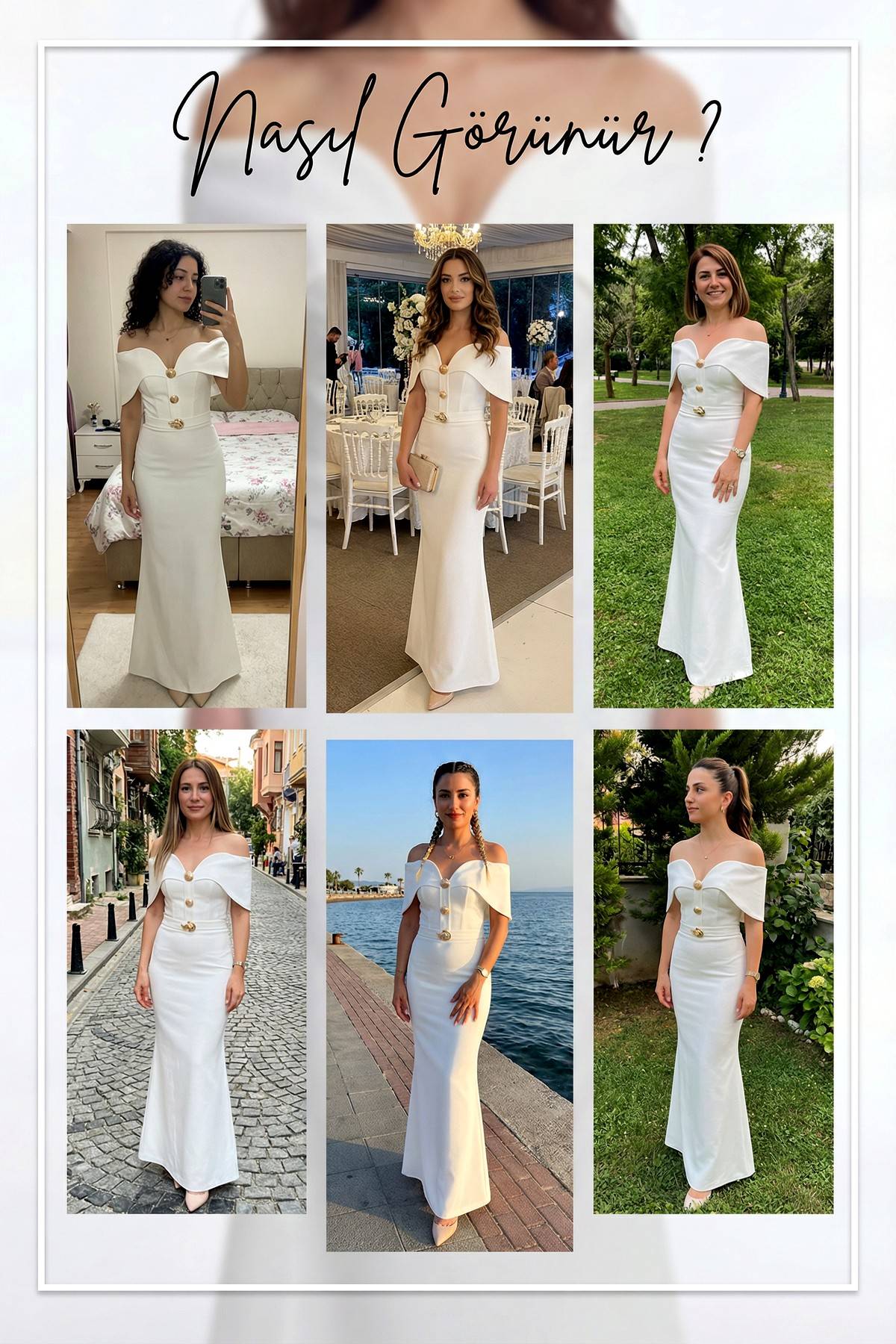 Beyaz Düşük Omuz Korseli Uzun Abiye – Nikah Deneme