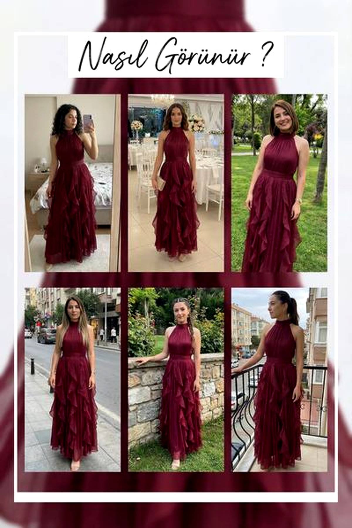 Bordo Halter Yaka Fırfırlı Şifon Uzun Abiye – Mezuniyet Deneme