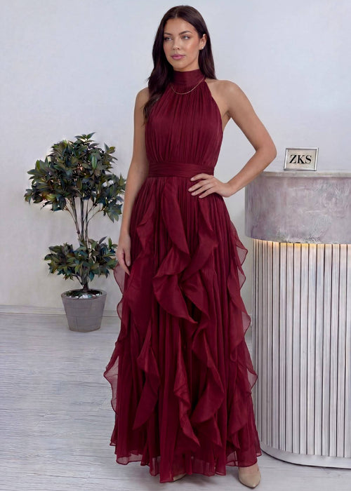 Bordo Halter Yaka Fırfırlı Şifon Uzun Abiye – Mezuniyet