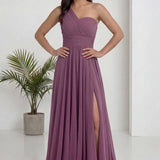 Gül Kurusu Tek Omuz Piliseli Kloş Abiye Elbise