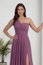 Gül Kurusu Tek Omuz Piliseli Kloş Abiye Elbise