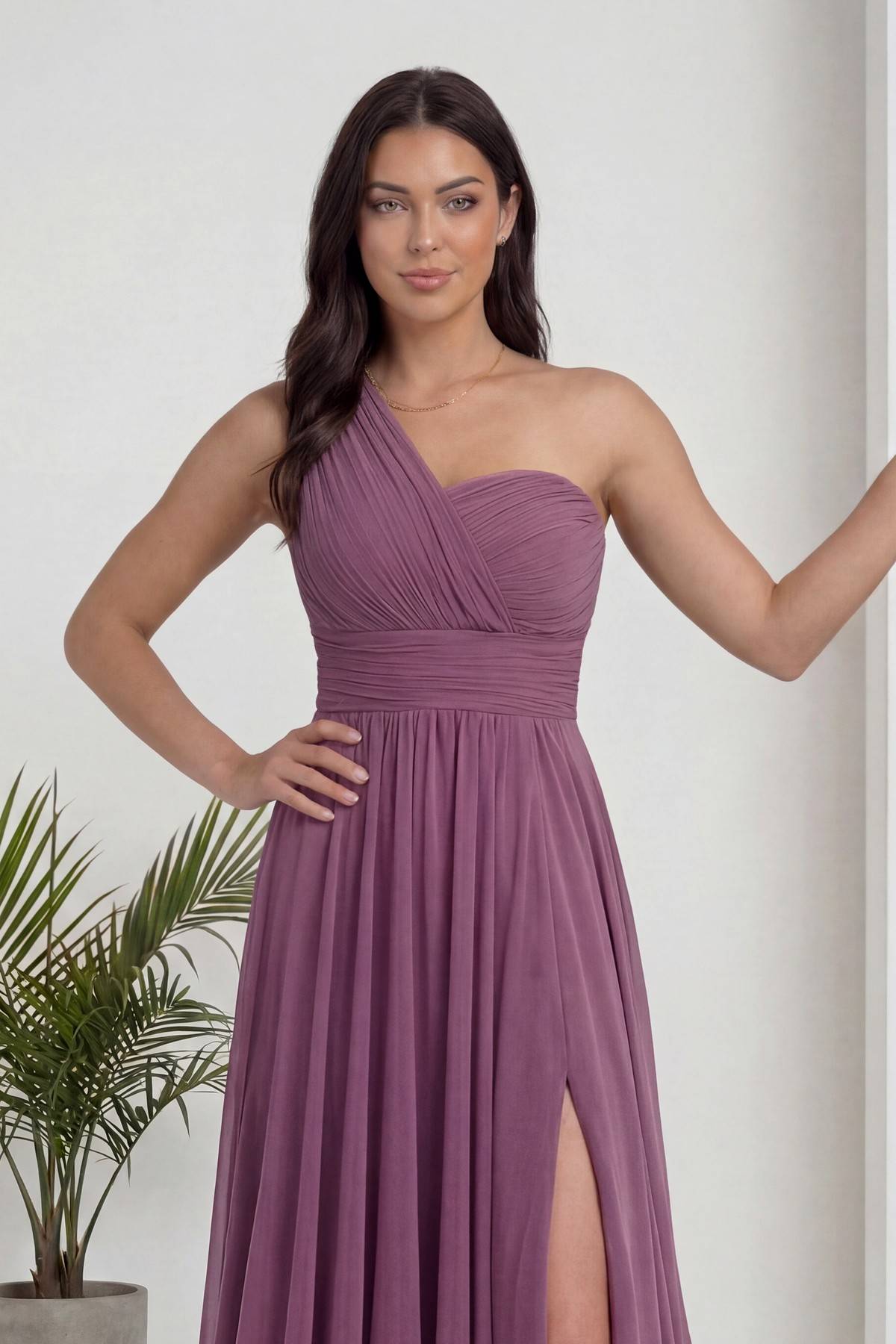 Gül Kurusu Tek Omuz Piliseli Kloş Abiye Elbise