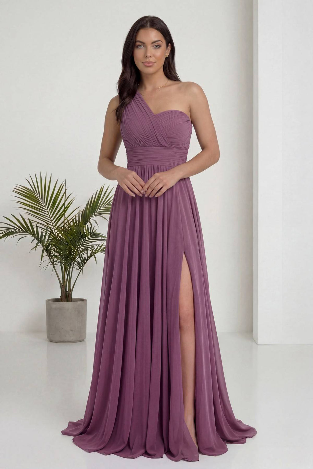 Gül Kurusu Tek Omuz Piliseli Kloş Abiye Elbise