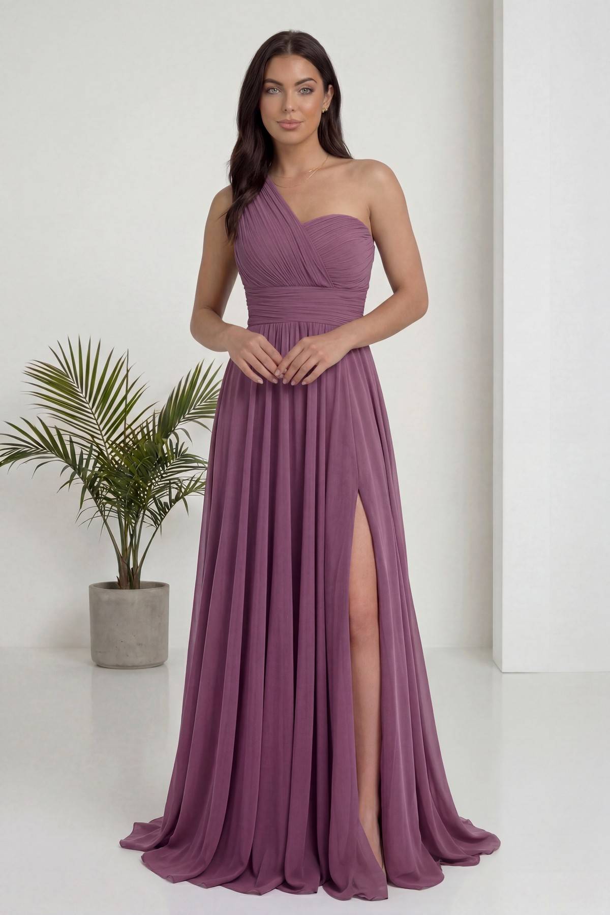 Gül Kurusu Tek Omuz Piliseli Kloş Abiye Elbise