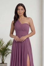 Gül Kurusu Tek Omuz Piliseli Kloş Abiye Elbise