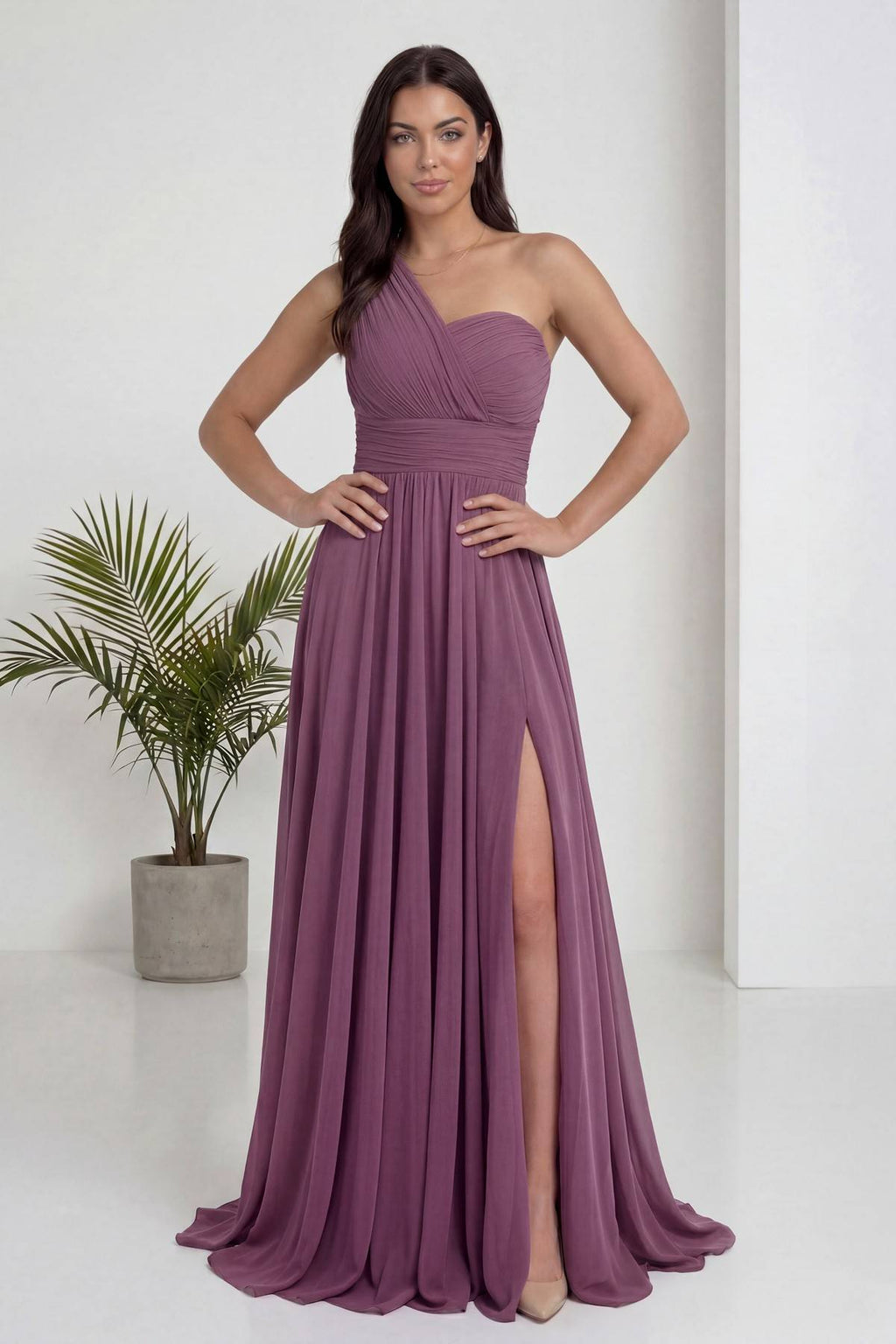 Gül Kurusu Tek Omuz Piliseli Kloş Abiye Elbise