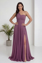 Gül Kurusu Tek Omuz Piliseli Kloş Abiye Elbise