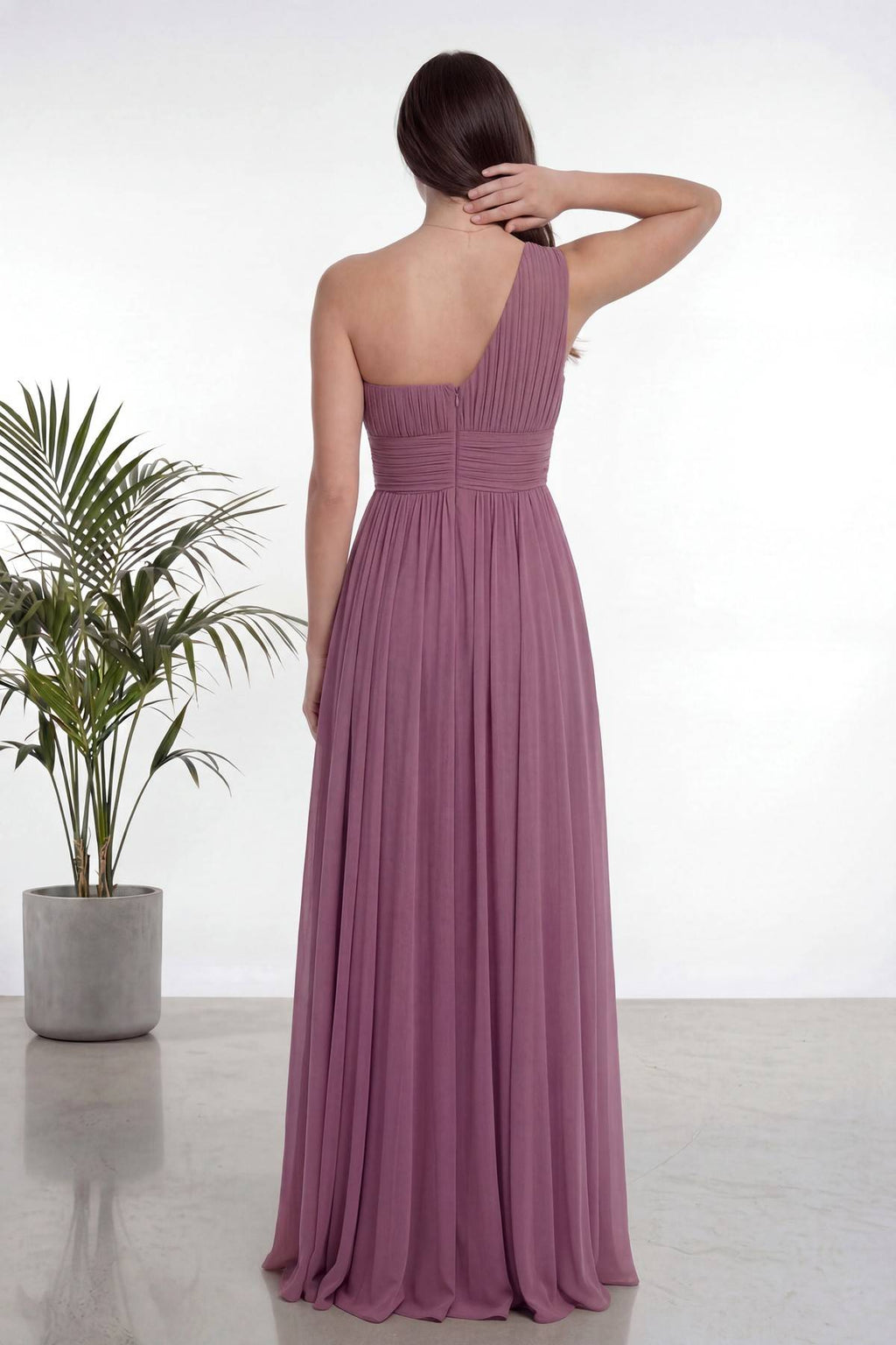 Gül Kurusu Tek Omuz Piliseli Kloş Abiye Elbise