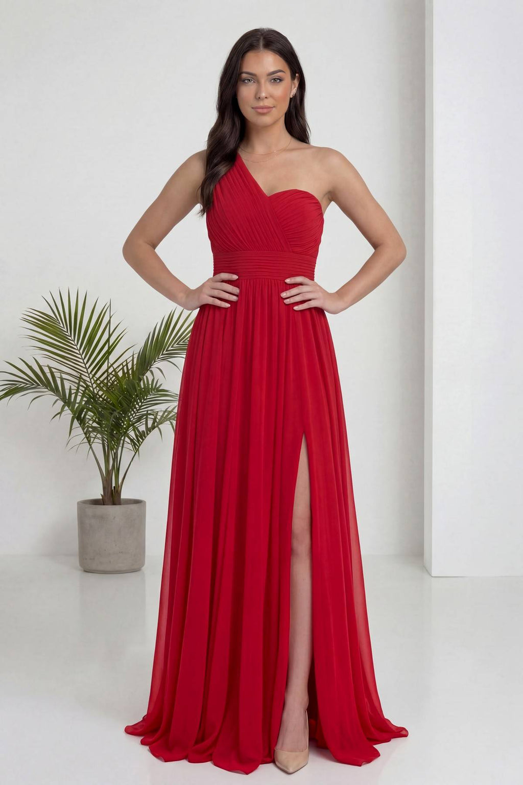 Kırmızı Tek Omuz Piliseli Kloş Abiye Elbise