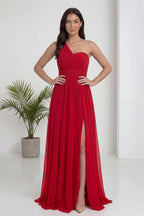 Kırmızı Tek Omuz Piliseli Kloş Abiye Elbise