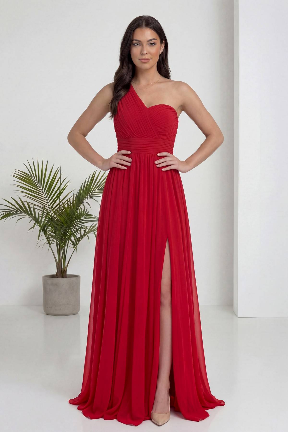 Kırmızı Tek Omuz Piliseli Kloş Abiye Elbise