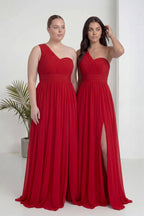 Kırmızı Tek Omuz Piliseli Kloş Abiye Elbise