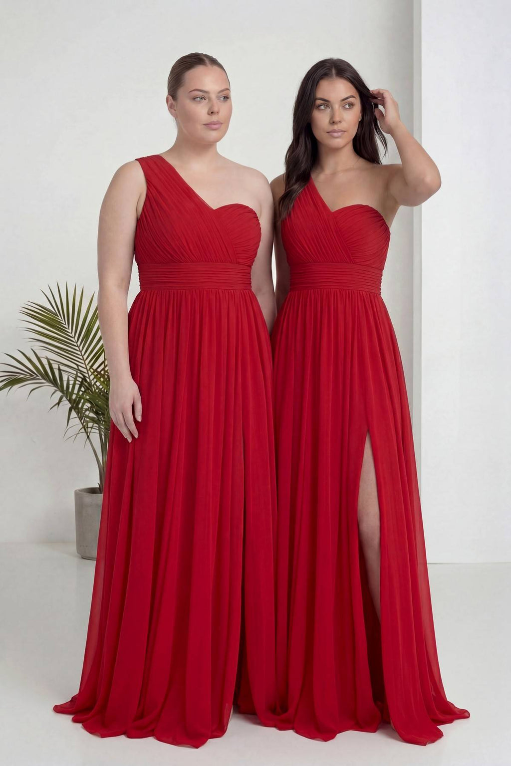 Büyük Beden Kırmızı Tek Omuz Piliseli Şifon Uzun Abiye