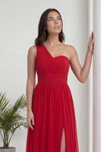 Kırmızı Tek Omuz Piliseli Kloş Abiye Elbise