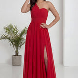 Kırmızı Tek Omuz Piliseli Kloş Abiye Elbise