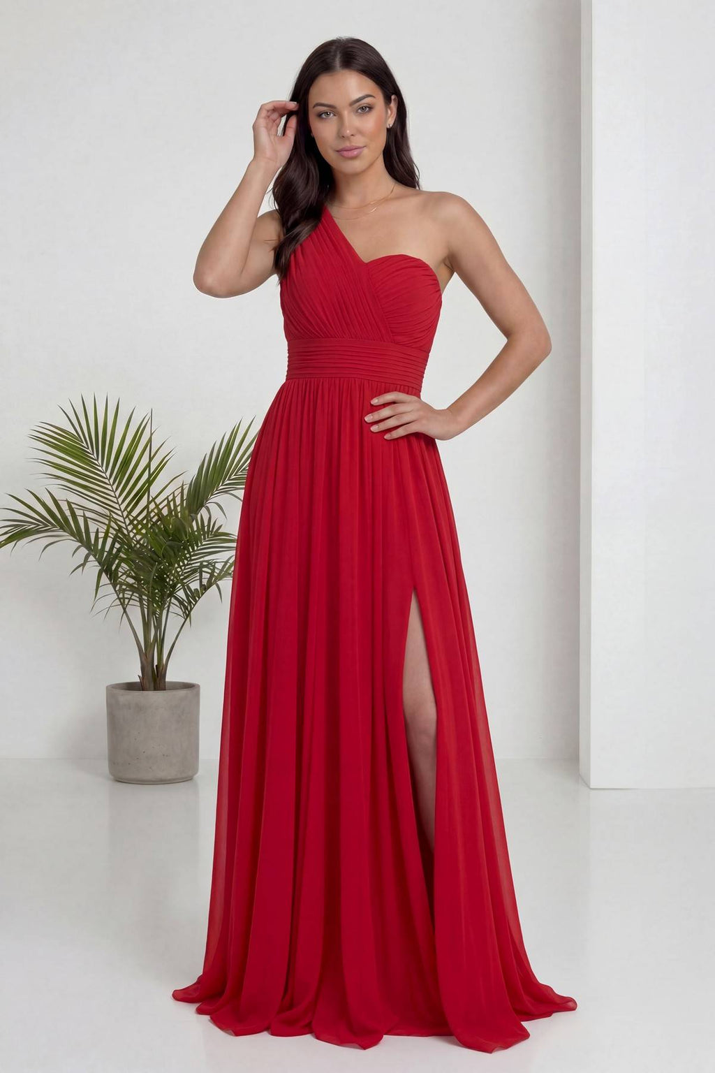 Kırmızı Tek Omuz Piliseli Kloş Abiye Elbise