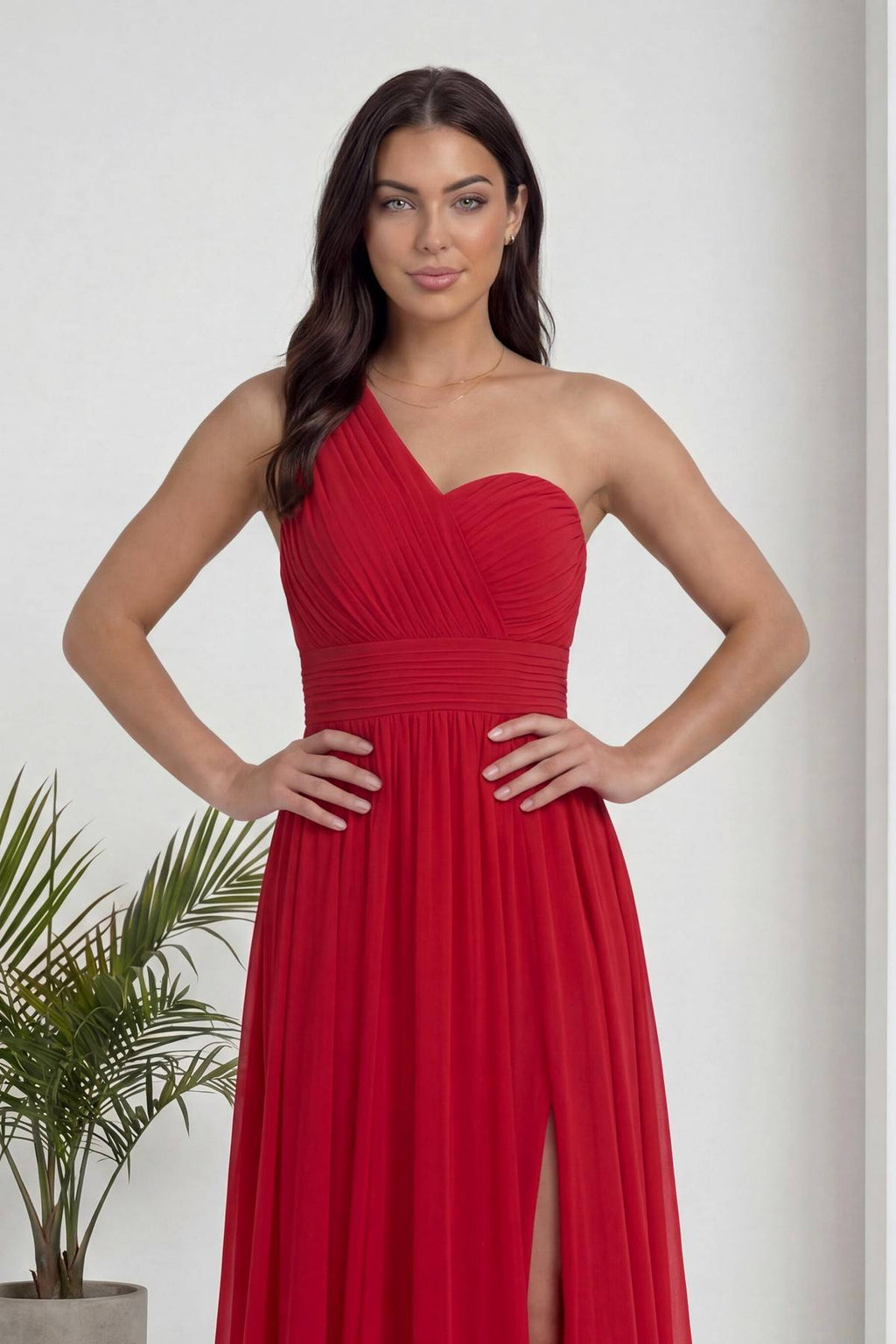 Kırmızı Tek Omuz Piliseli Kloş Abiye Elbise