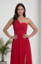 Kırmızı Tek Omuz Piliseli Kloş Abiye Elbise