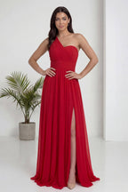 Kırmızı Tek Omuz Piliseli Kloş Abiye Elbise