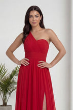 Kırmızı Tek Omuz Piliseli Kloş Abiye Elbise