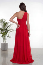 Kırmızı Tek Omuz Piliseli Kloş Abiye Elbise