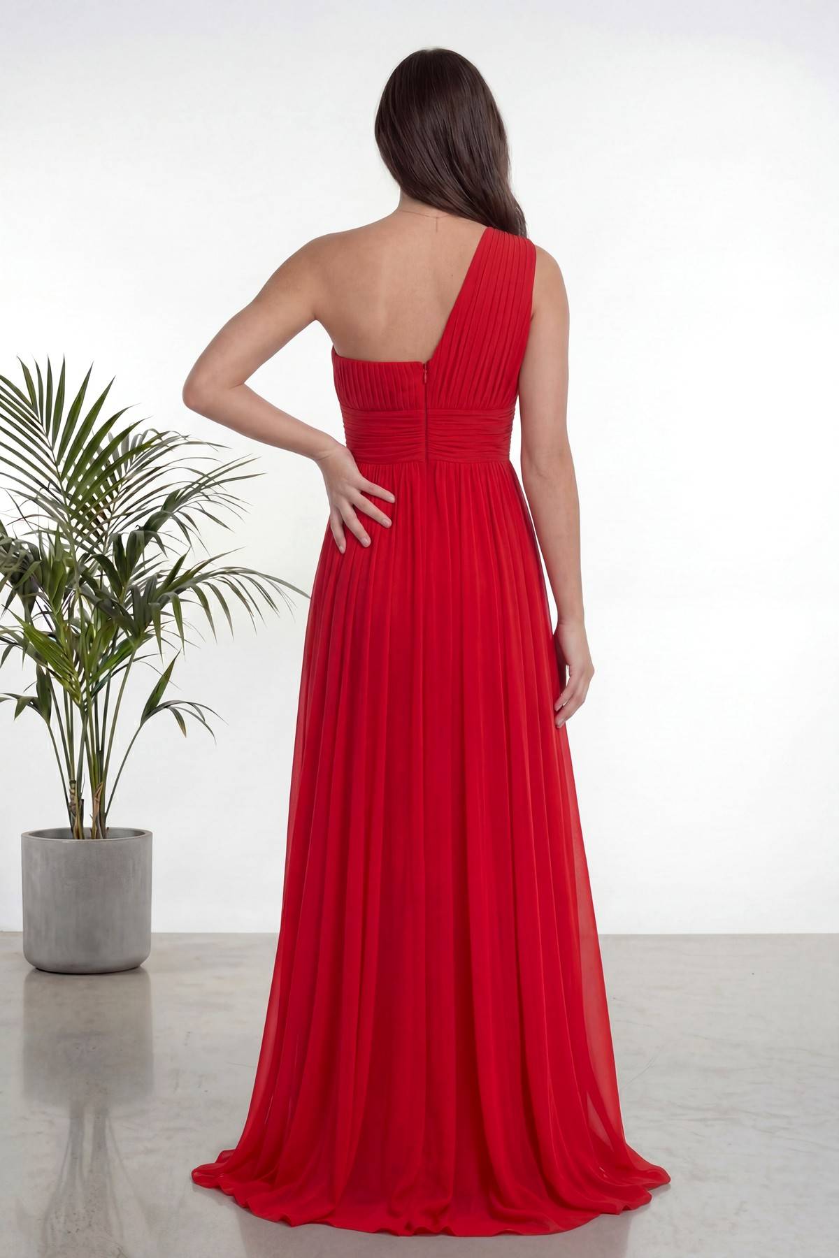 Kırmızı Tek Omuz Piliseli Kloş Abiye Elbise