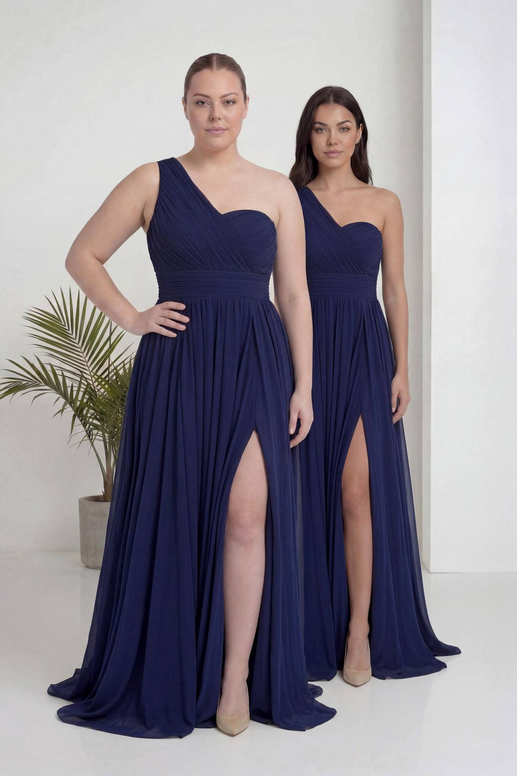 Lacivert Tek Omuz Piliseli Kloş Abiye Elbise