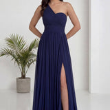 Lacivert Tek Omuz Piliseli Kloş Abiye Elbise