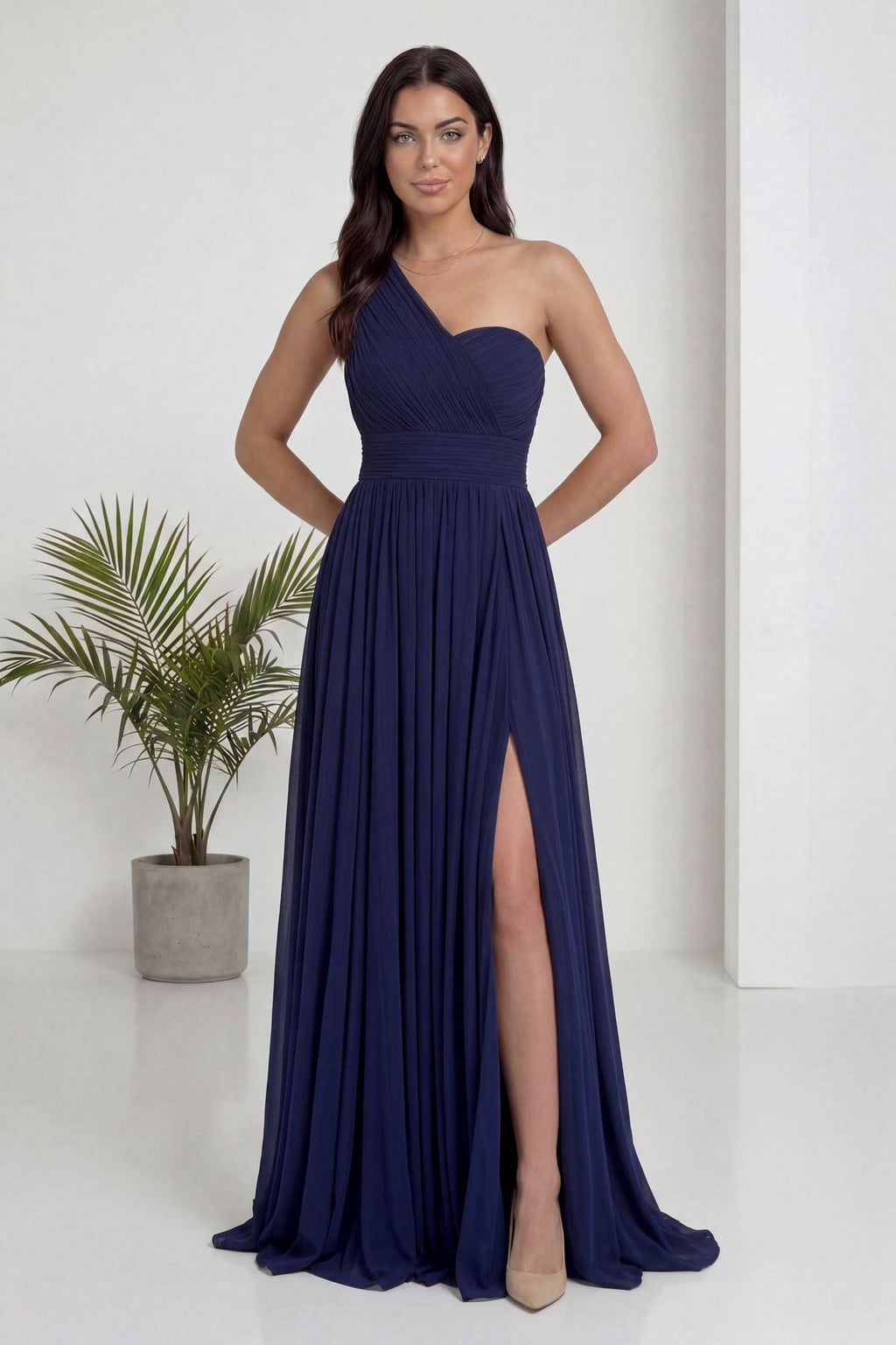 Lacivert Tek Omuz Piliseli Kloş Abiye Elbise