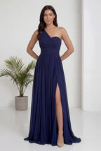 Lacivert Tek Omuz Piliseli Kloş Abiye Elbise