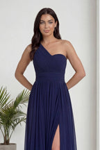 Lacivert Tek Omuz Piliseli Kloş Abiye Elbise