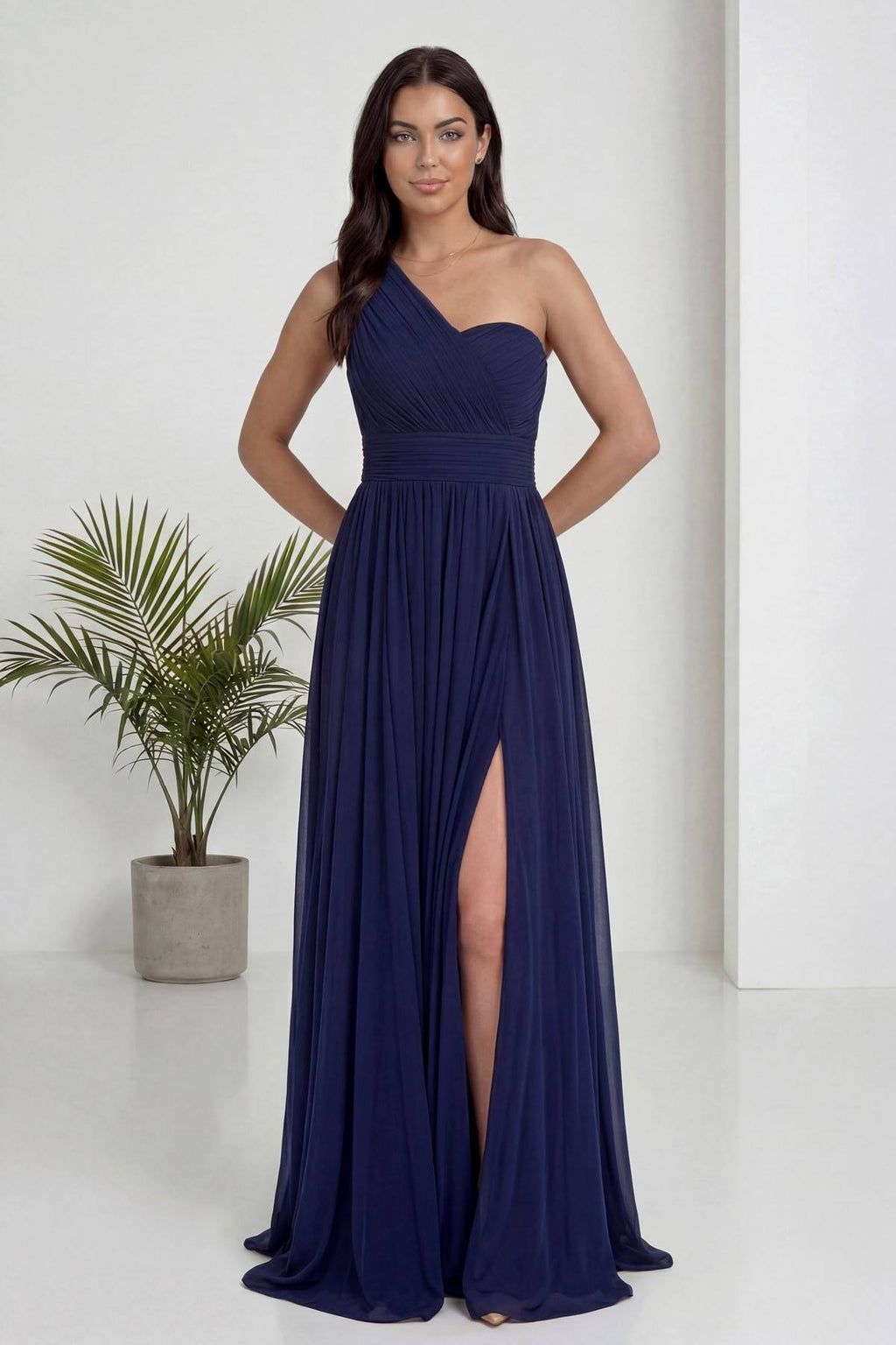 Lacivert Tek Omuz Piliseli Kloş Abiye Elbise