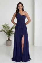 Lacivert Tek Omuz Piliseli Kloş Abiye Elbise