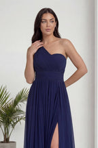 Lacivert Tek Omuz Piliseli Kloş Abiye Elbise