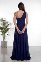 Lacivert Tek Omuz Piliseli Kloş Abiye Elbise