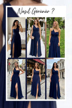 Lacivert Tek Omuz Piliseli Kloş Abiye Elbise