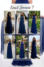 Petrol Mavi Halter Yaka Fırfırlı Şifon Uzun Abiye Deemeleri