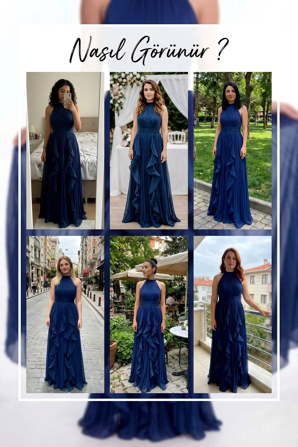 Petrol Mavi Halter Yaka Fırfırlı Şifon Uzun Abiye Deemeleri