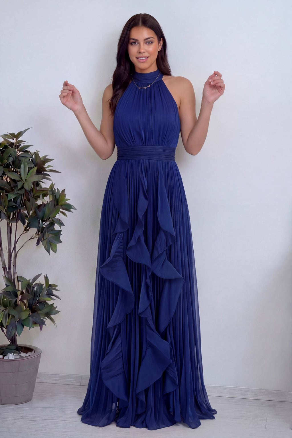 Volan ve fırfır detaylı şifon kolsuz halter yakalı bağlama detaylı kuşaklı uzun boy abiye petrol mavi