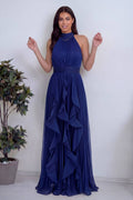Petrol Mavi Halter Yaka Fırfırlı Şifon Uzun Abiye