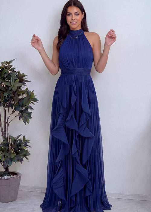 Petrol Mavi Halter Yaka Fırfırlı Şifon Uzun Abiye